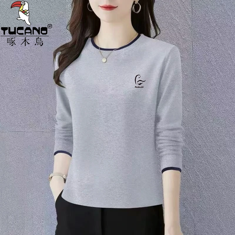 啄木鸟纯棉中老年时尚洋气百搭打底衫女爆款新款春秋长袖上衣T恤