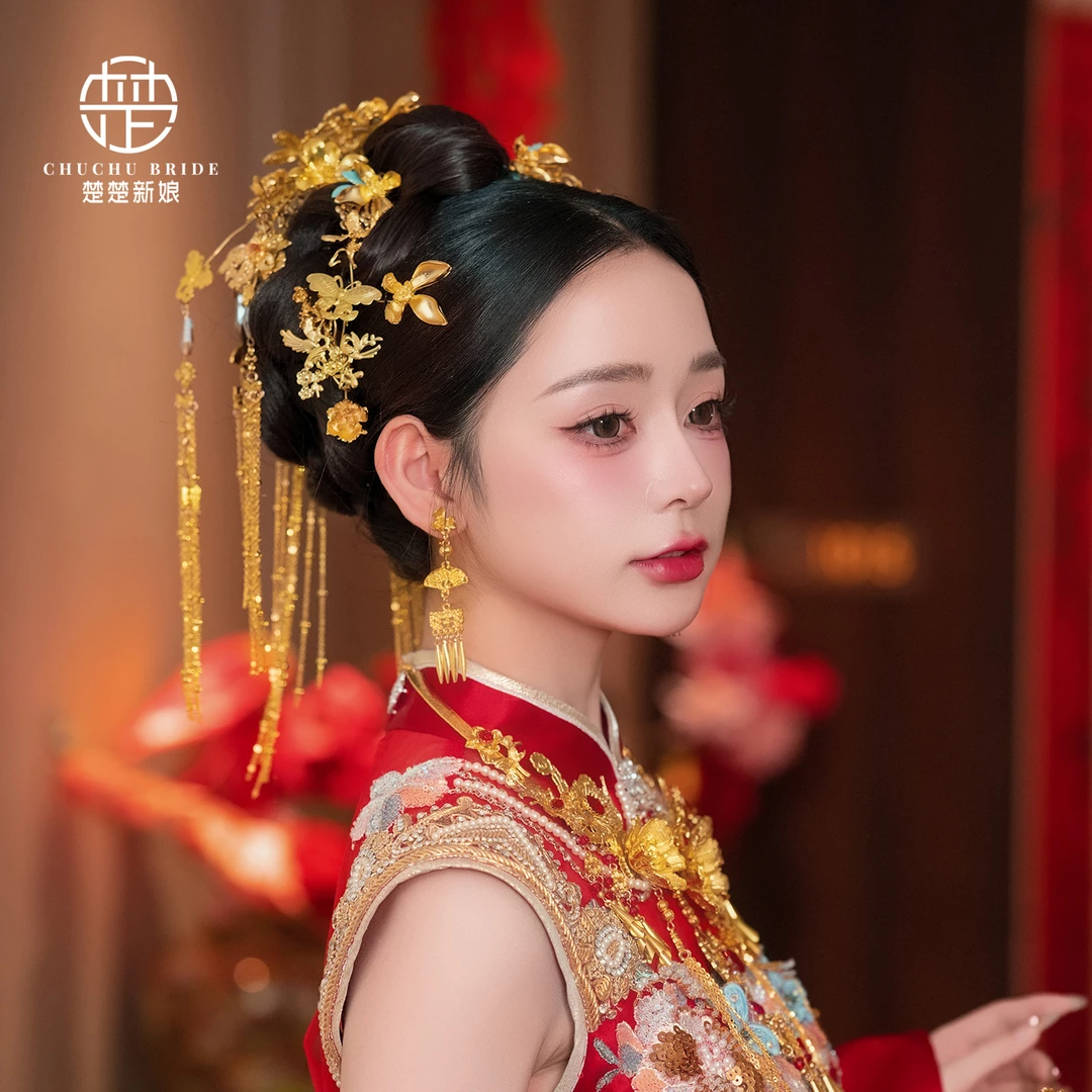 新娘禾头饰头饰精致流苏凤钗汉服龙凤褂小巧发冠古装结婚发饰4146