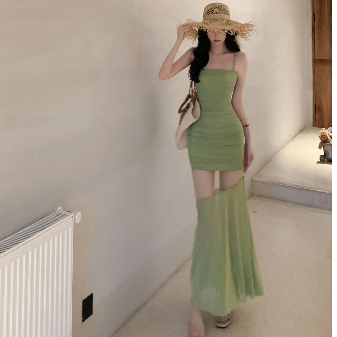 alittlefun 青苹果之恋网纱人鱼显瘦包臀裙女拼接性感收腰吊带裙