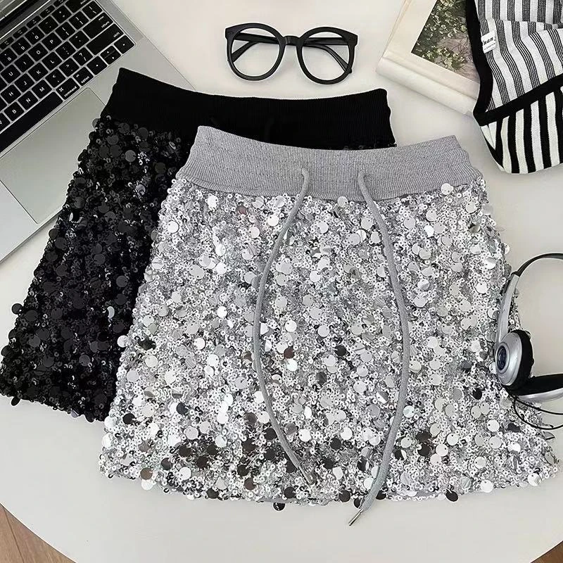 女童四季款抽绳亮片半身裙气质百搭A字短裙显瘦防走光演出包臀裙