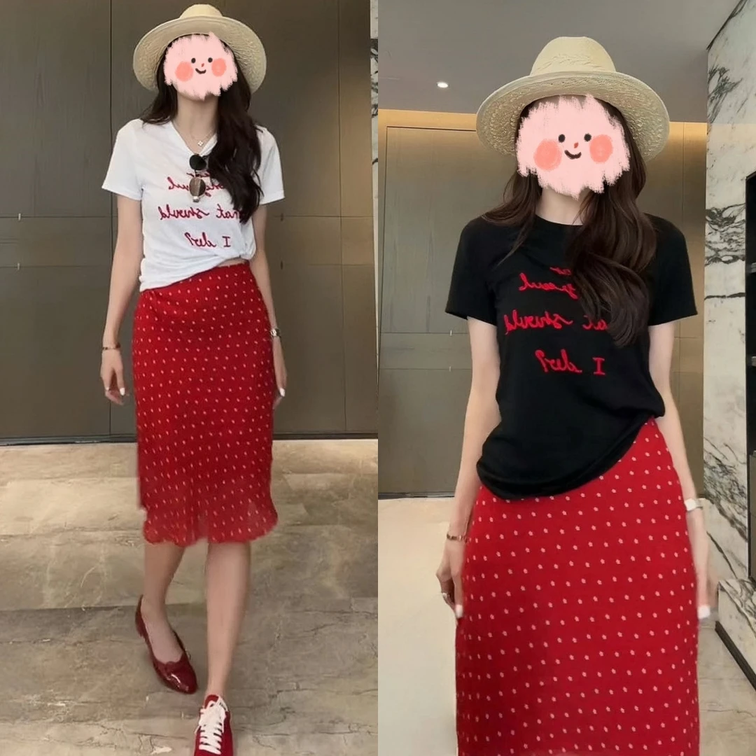 夏季新款轻薄透气字母印花短袖T恤百搭波点半身裙显瘦休闲套装女