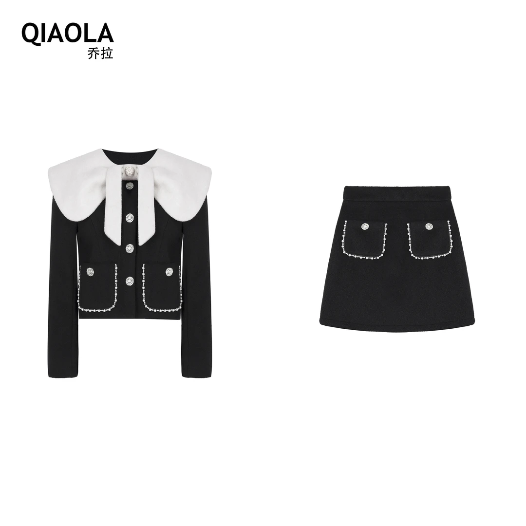 QIAOLA/乔拉【秋岁时】秋冬毛呢拼色拆卸大翻领单排扣外套套装预售