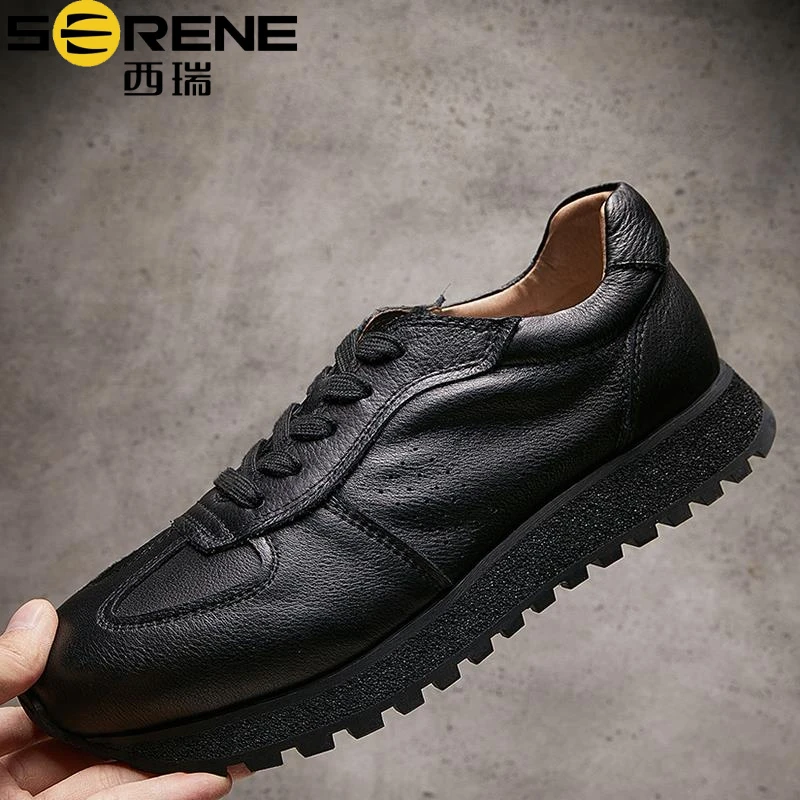 西瑞2025秋季新款阿甘鞋男皮质黑色时尚潮流休闲鞋软底百搭运动鞋