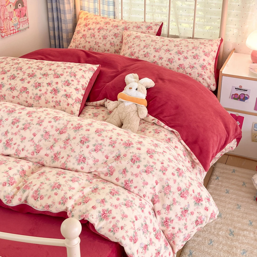 A类超软牛奶绒四件套秋冬加厚双面加绒被套小清新床上宿舍三件套