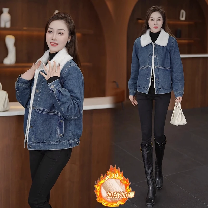 加绒加厚复古牛仔外套女今年冬季新款时髦洋气减龄百搭保暖夹克潮
