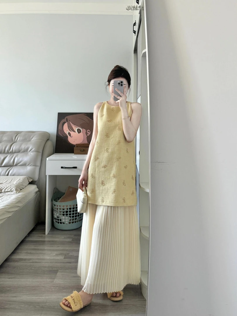 国风复古蝴蝶结无袖小衫夏季2025新款收腰显瘦百褶半身裙两件套潮