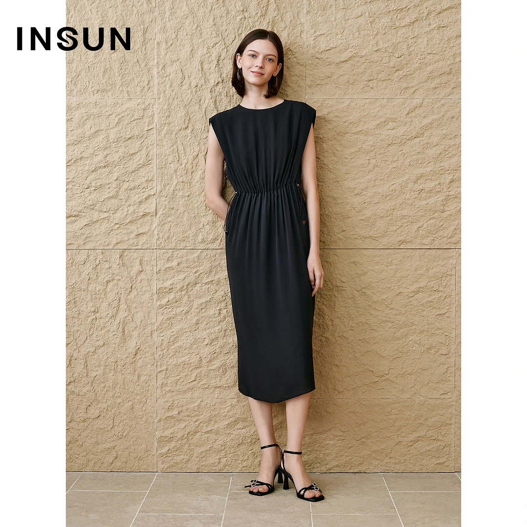INSUN恩裳专选2025秋季100%建宏绉桑蚕丝无袖连衣裙