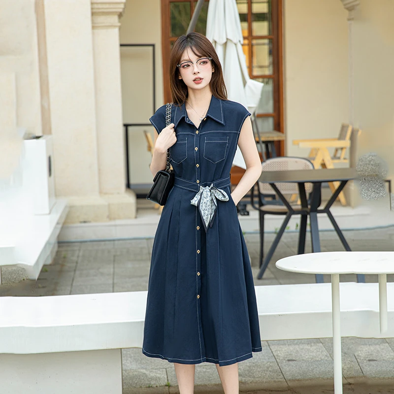 单排扣高腰短袖中长裙夏季连衣裙气质拼接显瘦裙子洋气时尚修身