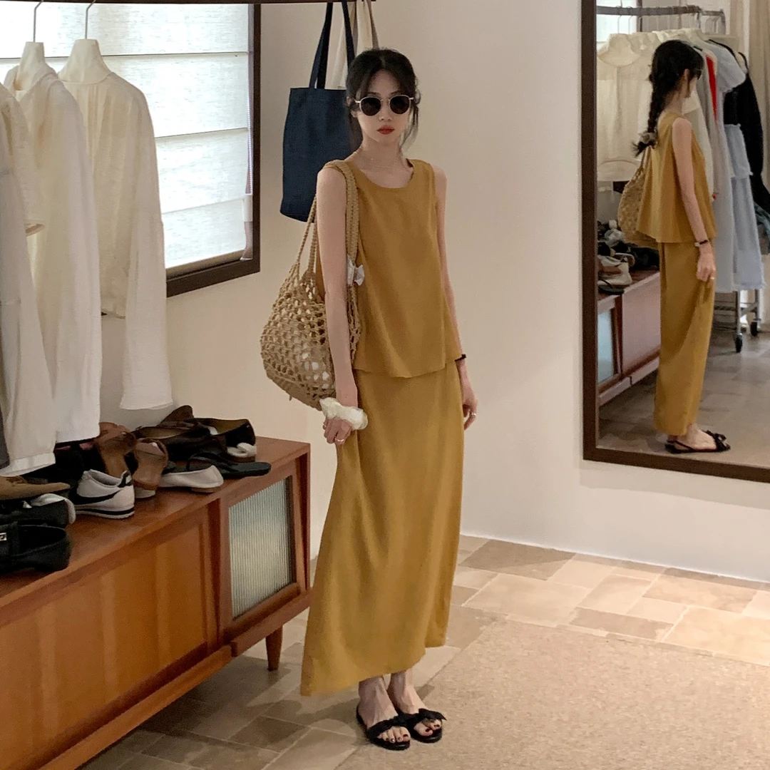 韩系黄色无袖背心套装女2025夏新款简约高级感小众两件套