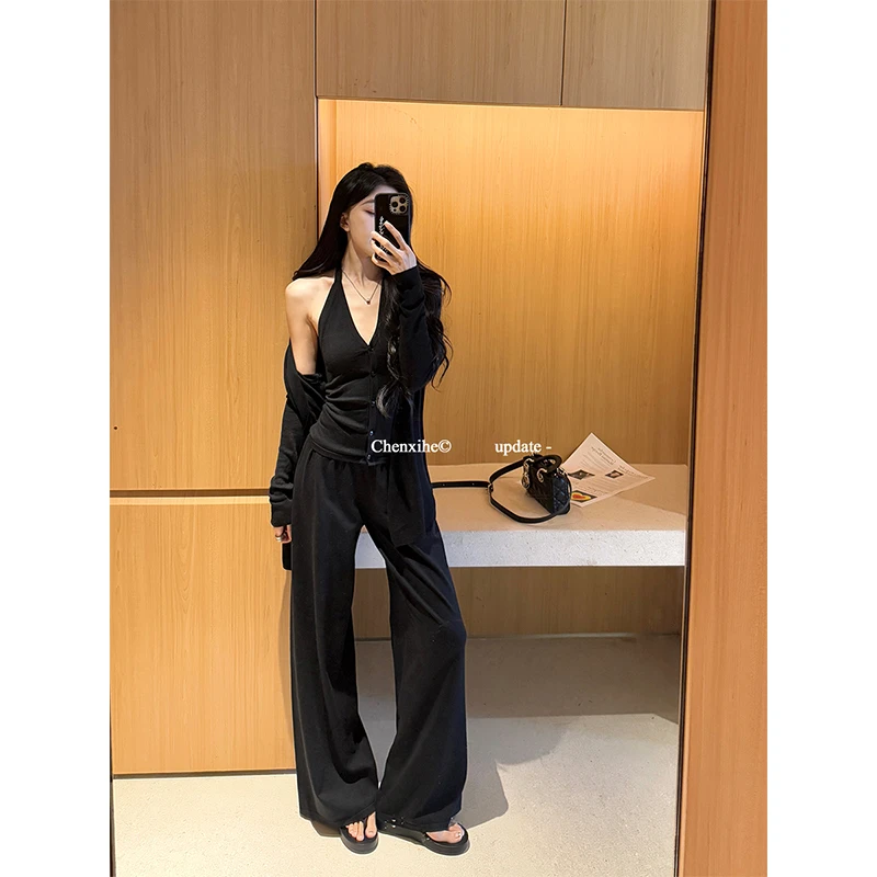 何晨曦 松弛感天丝三件套挂脖吊带内搭开衫外套阔腿休闲裤T0504A