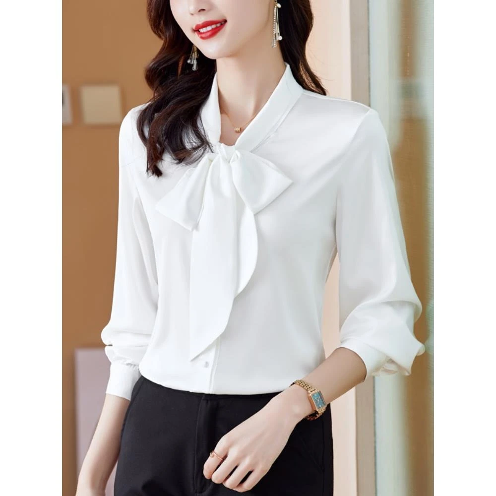 法芬图蝴蝶结飘带雪纺白色衬衫女士2025新款洋气衬衣职业轻奢高级