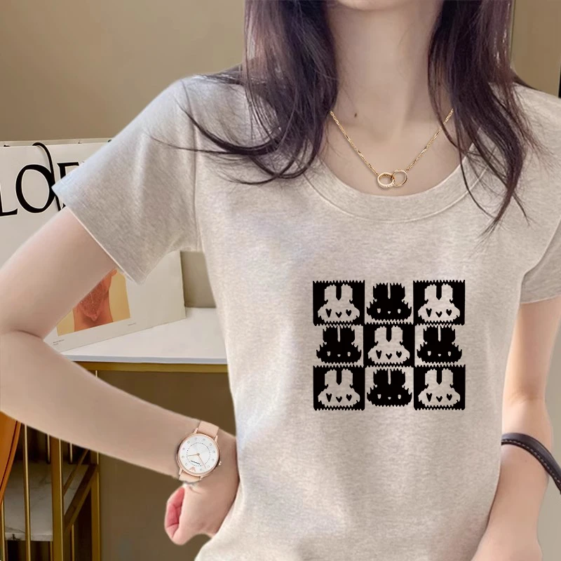 纯欲风辣妹修身显瘦短袖T恤女士夏季设计感U型领洋气减龄印花上衣