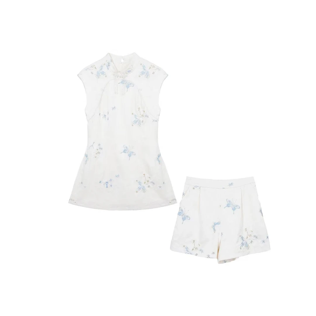 月光佳人新中式轻国风重工蝴蝶刺绣提花显瘦两件套JS-8873