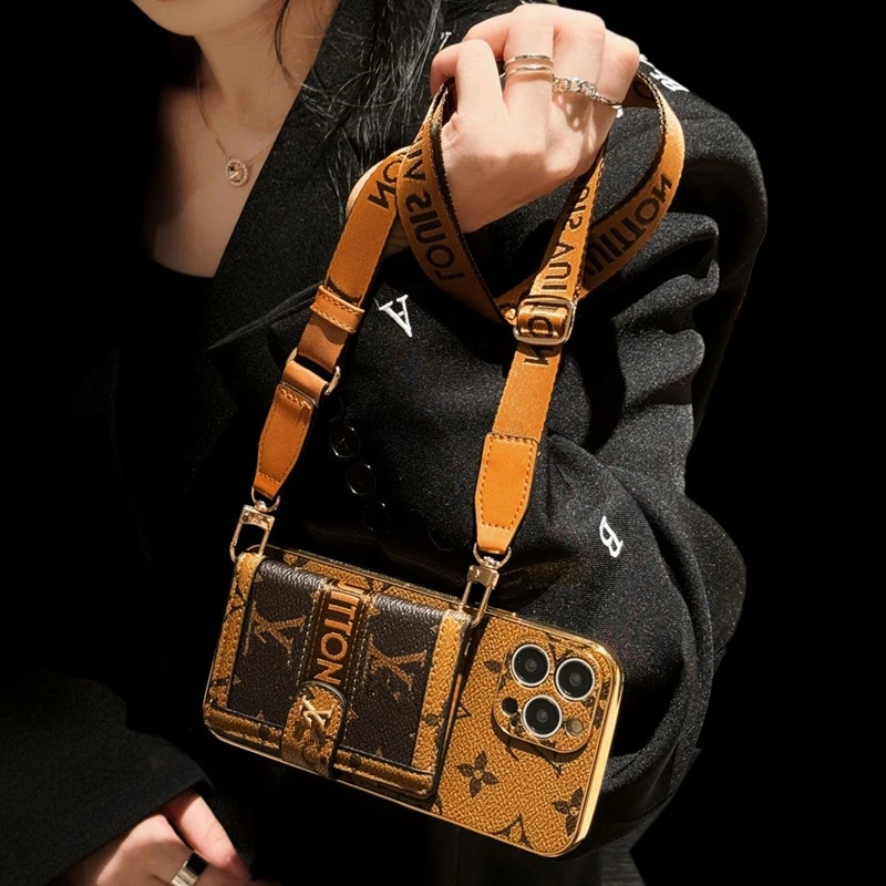 维壳潮牌斜挎老花适用iPhone16promax手机壳苹果15/14/13网红可背