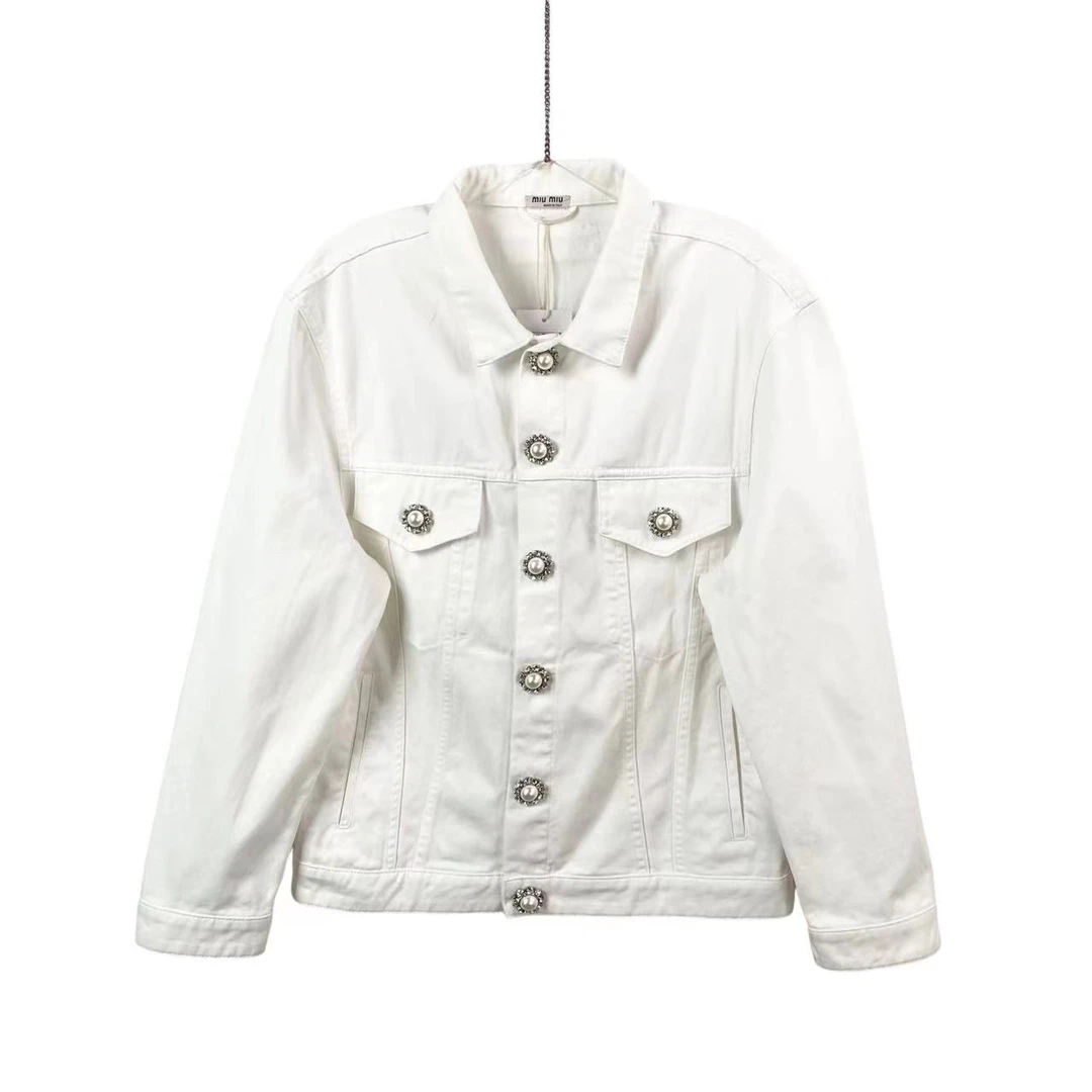 99新 MIU MIU/缪缪  bb一一零九 棉 白色钻扣logo牛仔外套 36码