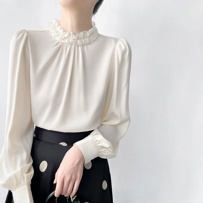 Q542珍珠木耳花边立领缎面衬衫女高级感法式洋气衬衣时尚小众上衣