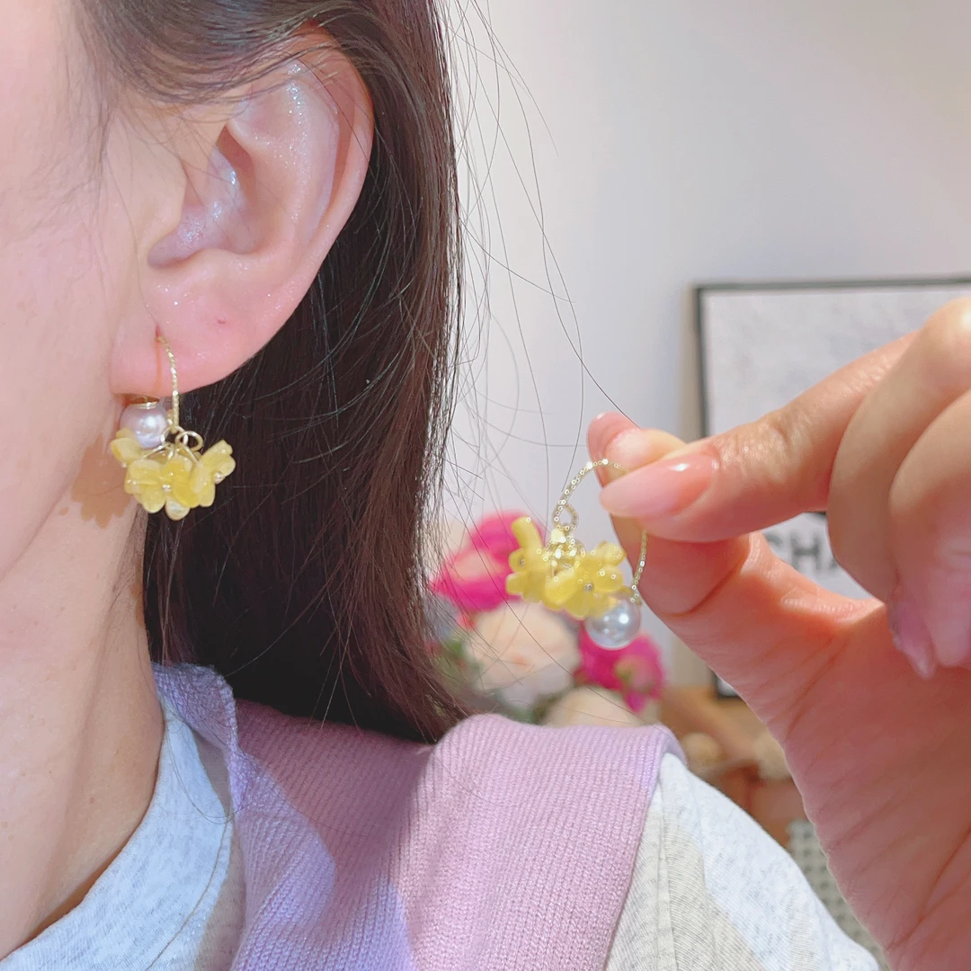 黄色花朵珠珠简约耳钉高级百搭小众温柔耳饰-561