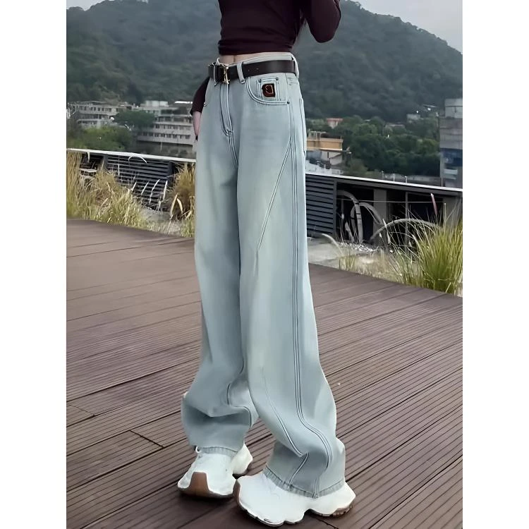 浅色弯刀牛仔裤子女2025新款高腰显瘦爆款宽松镰刀裤阔腿拖地裤