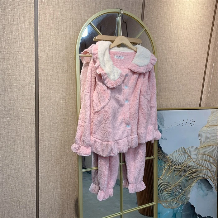 P074粉色孕妇珊瑚绒月子服两件套M90-120L130XL140