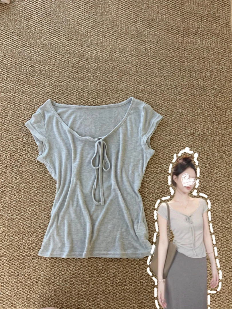 浅灰U领系带设计感短袖T恤女2025年夏季薄款微透掐腰修身短款上衣