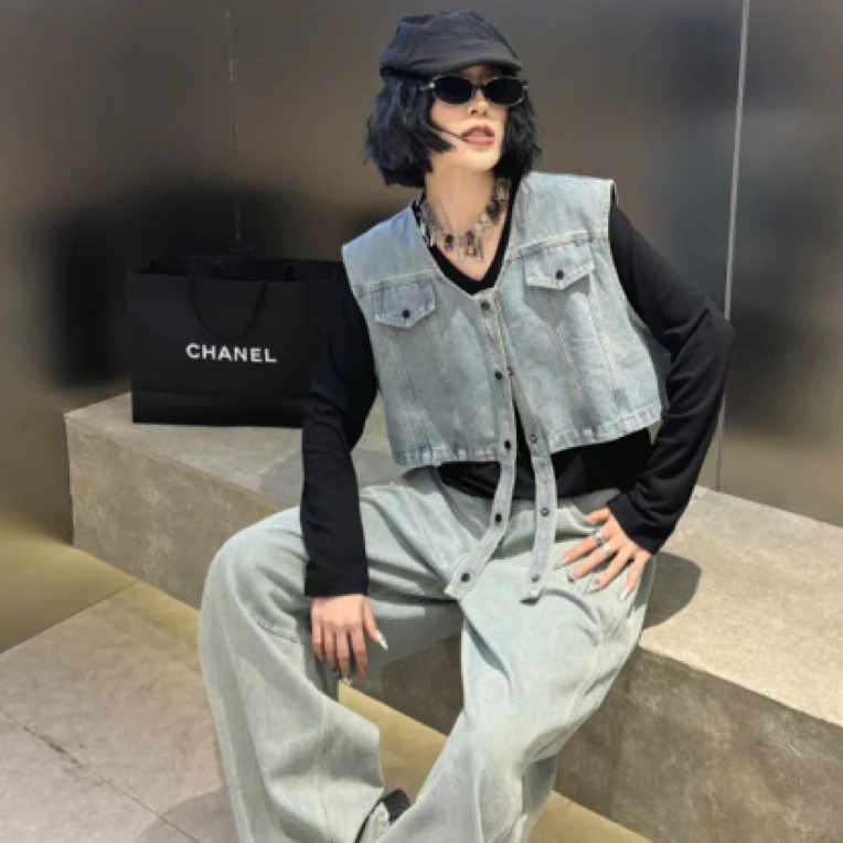 深圳7692牛仔假两件套时尚洋气宽松显瘦