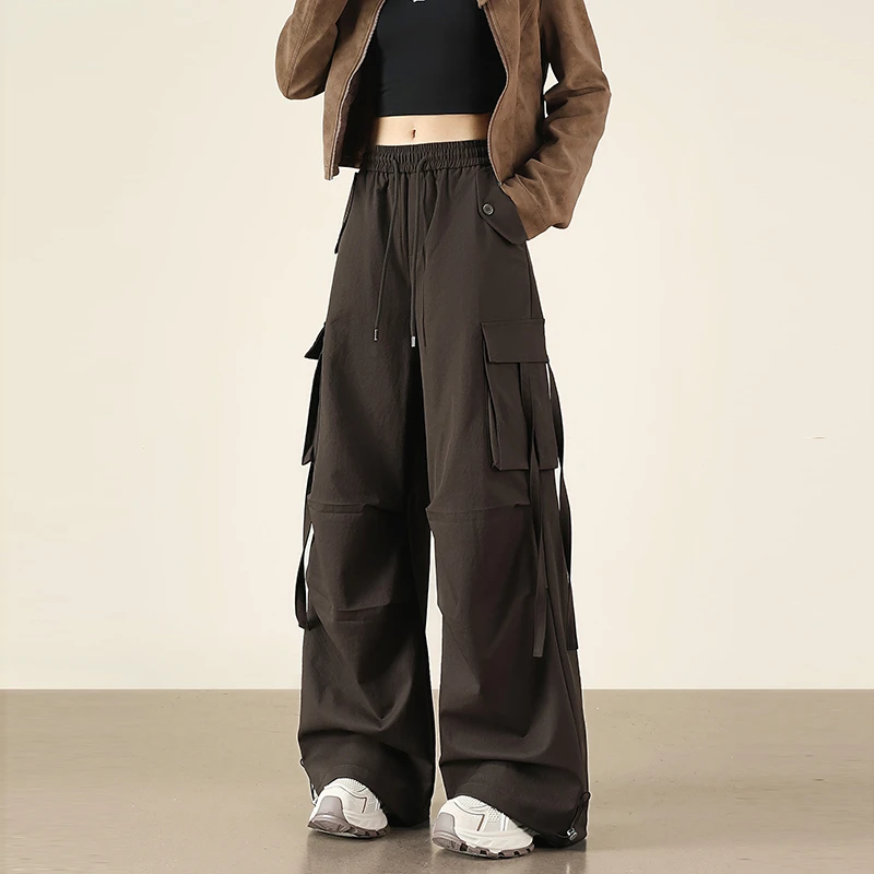 美式复古工装裤女秋冬加绒新款高腰垂感伞兵休闲运动裤冲锋阔腿裤