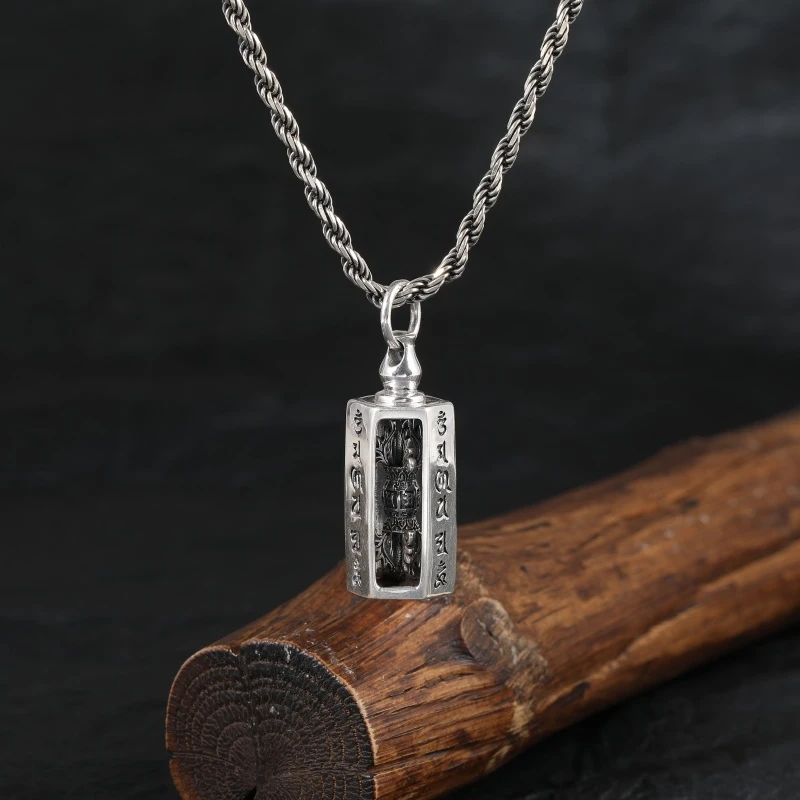 吊坠足银 藏式精工六字真言十字宝杵吊坠男士个性可旋转项坠