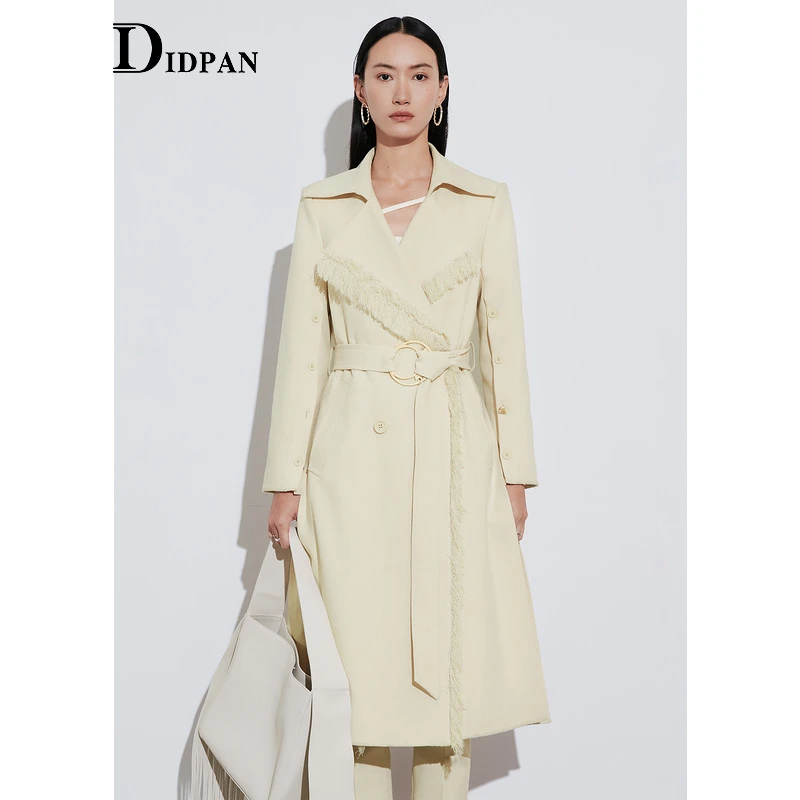 IDPAN/IDPAN白色女士春季收腰中长款设计师翻领长风衣2E1W63038