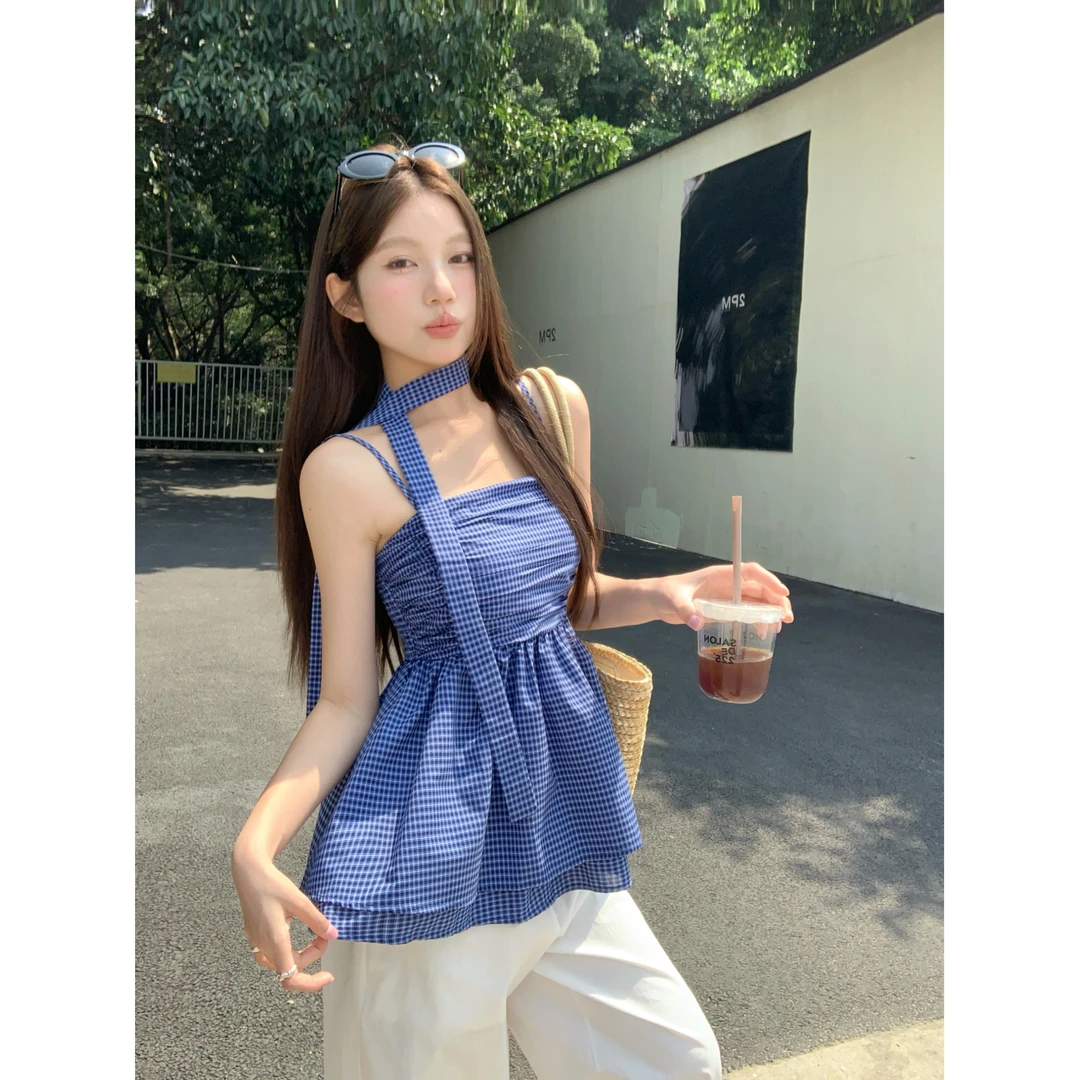 甜辣妹风格子褶皱吊带背心装女夏季复古减龄飘带收腰显瘦无袖上衣