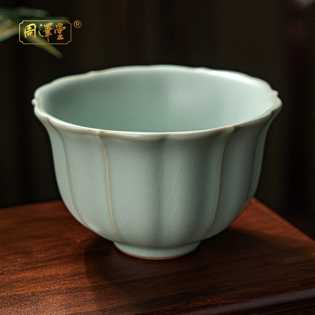 周泽堂天青汝窑兰息杯景德镇陶瓷主人杯复古花口杯冰裂纹开片可养