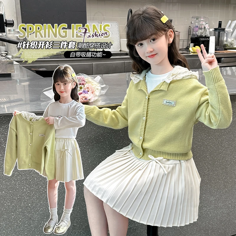 女童毛衣开衫套装春秋装蕾丝连帽可拆jk百褶裙儿童绿色针织衫上衣