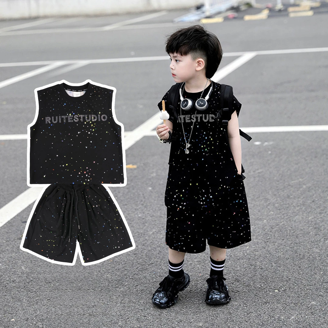 儿童夏季轻薄满钻无袖套装2025新款潮男童帅气炸街运动两件套童装