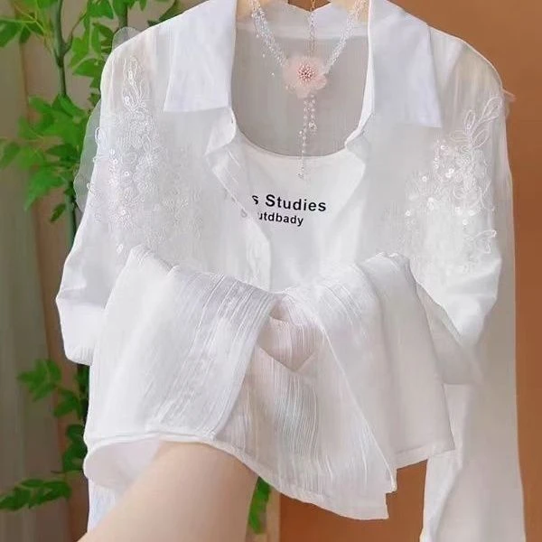 重工亮片设计长袖衬衫上衣2025法式气质新款休闲宽松防晒衬衣