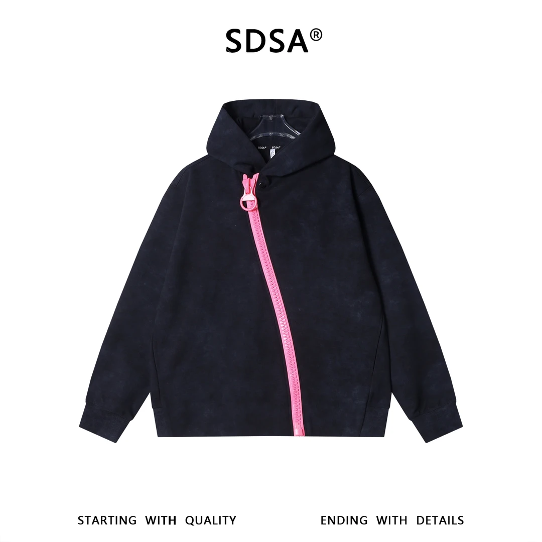 SDSA男士秋冬新款痞帅男装韩版扎染撞色斜拉链连帽卫衣宽松百搭潮