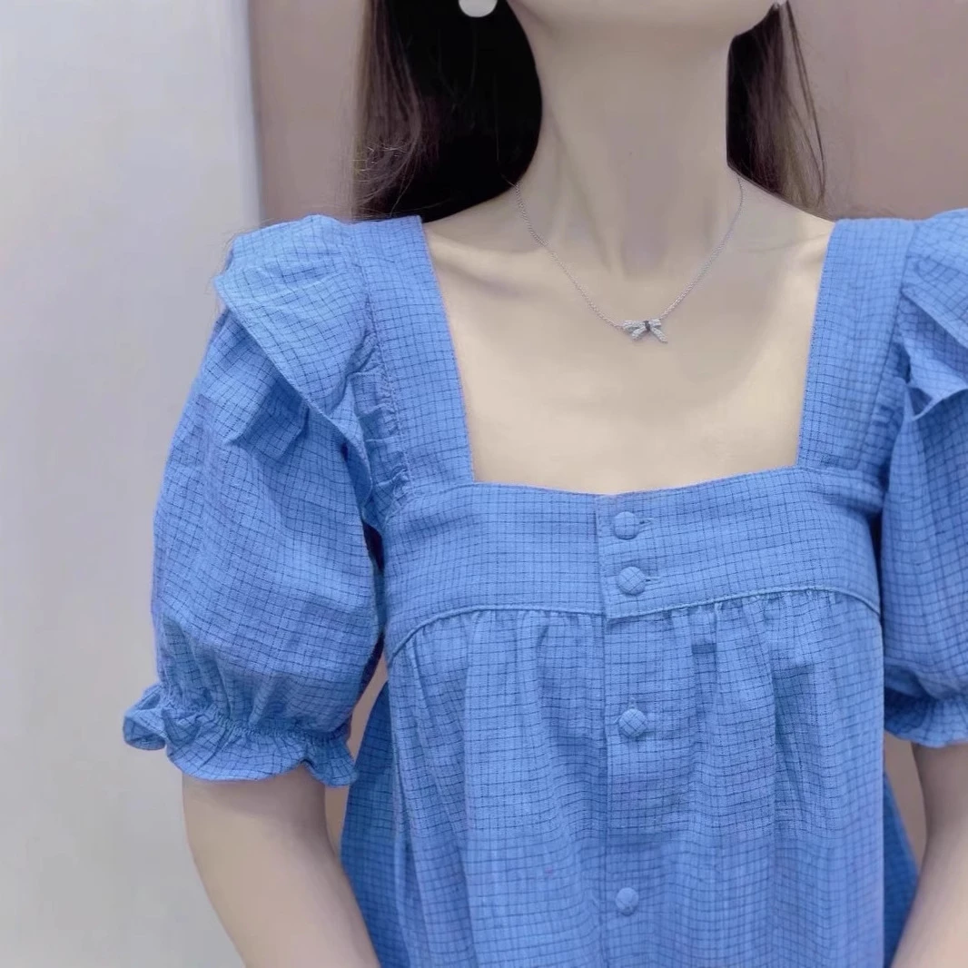 甜美格子泡泡袖衬衫女2025夏季新款设计感小众别致方领露锁骨上衣