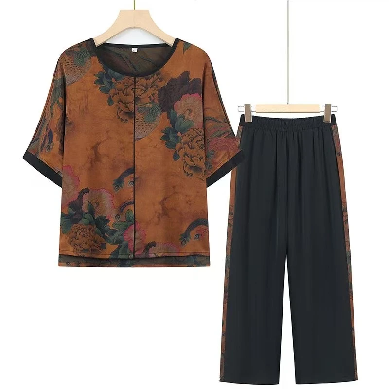 0100- 夏女奶奶装套装妈妈新款T恤薄款衣服连衣裙