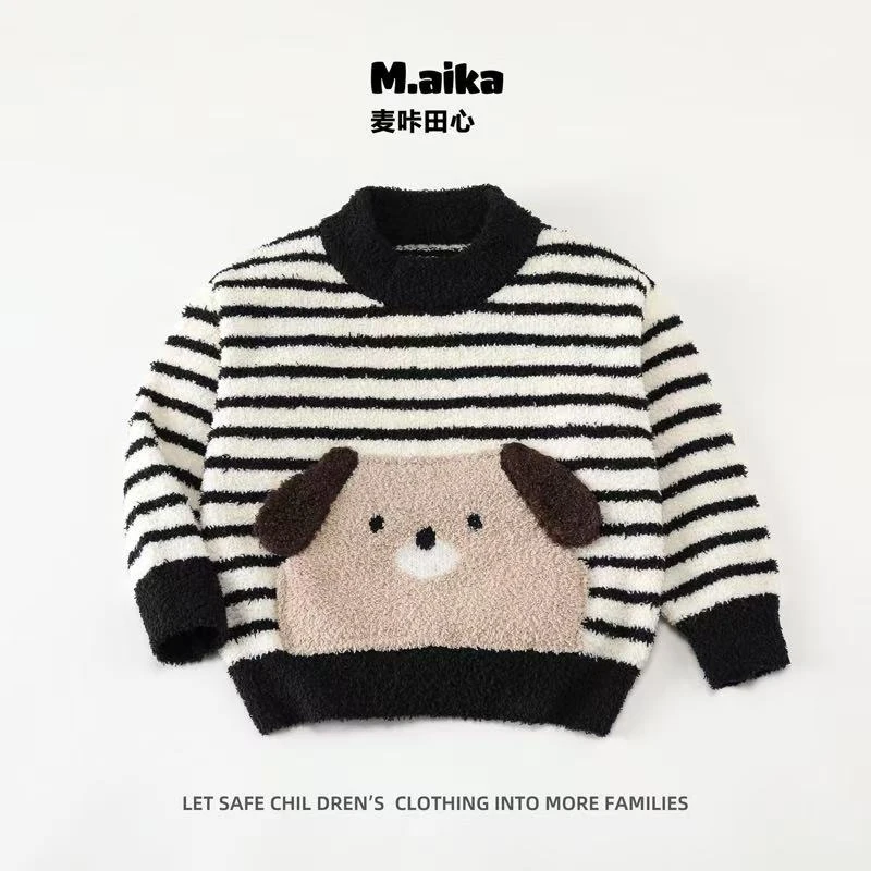59681儿童雪尼尔毛衣新款男女童宝宝秋冬可爱小熊口袋条纹针织衫