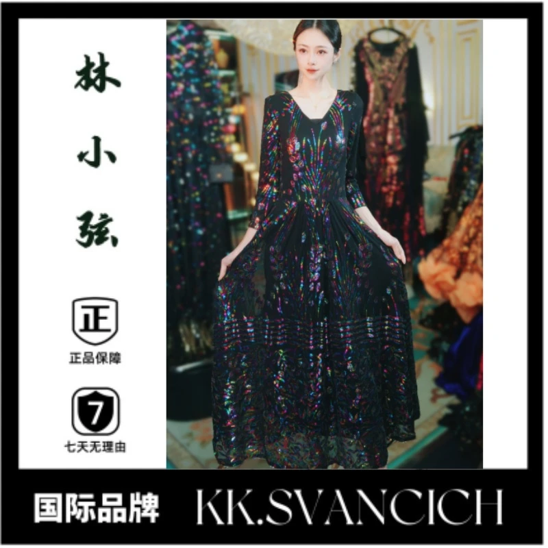 716彩色亮片显瘦连衣裙贵妇优雅连衣裙长款气质日常设计师