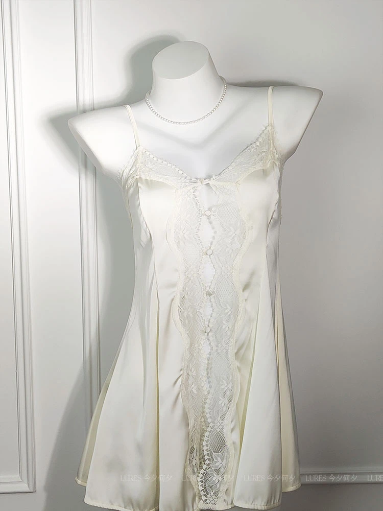 今夕何夕性感睡衣女2025新款夏季冰丝前扣蕾丝吊带睡裙纯欲风春款