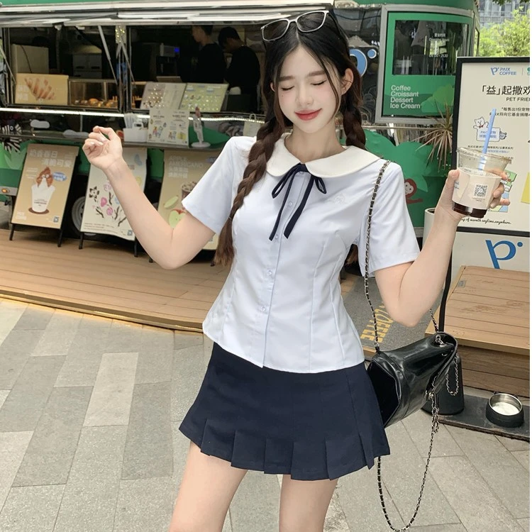 学院风裙子短袖学生校服时尚日系清muji风小个子小众包臀甜美撞色