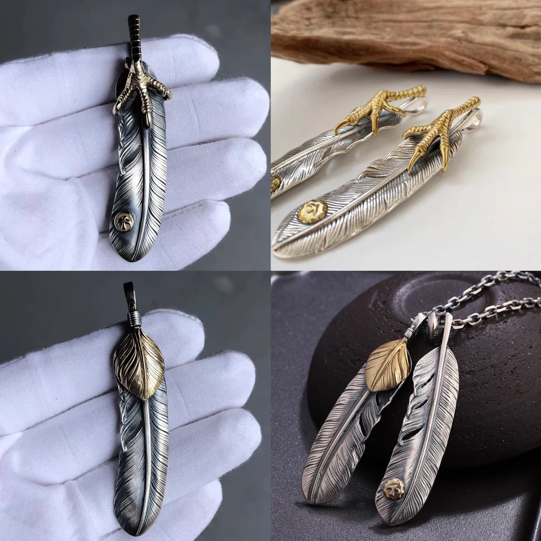 吊坠925银 S925银羽毛吊坠高桥时尚个性不含链黄色镶嵌材质为铜