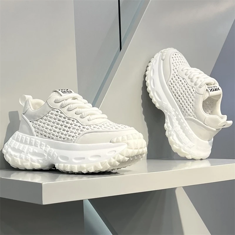 男鞋夏季2025新款编织镂空透气网面老爹鞋厚底增高时尚休闲运动鞋