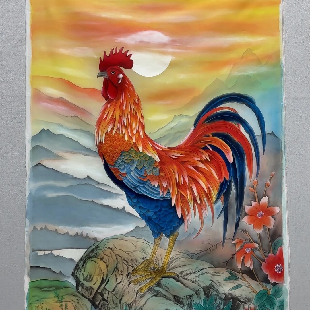 国画绢本工笔大公鸡贾敏