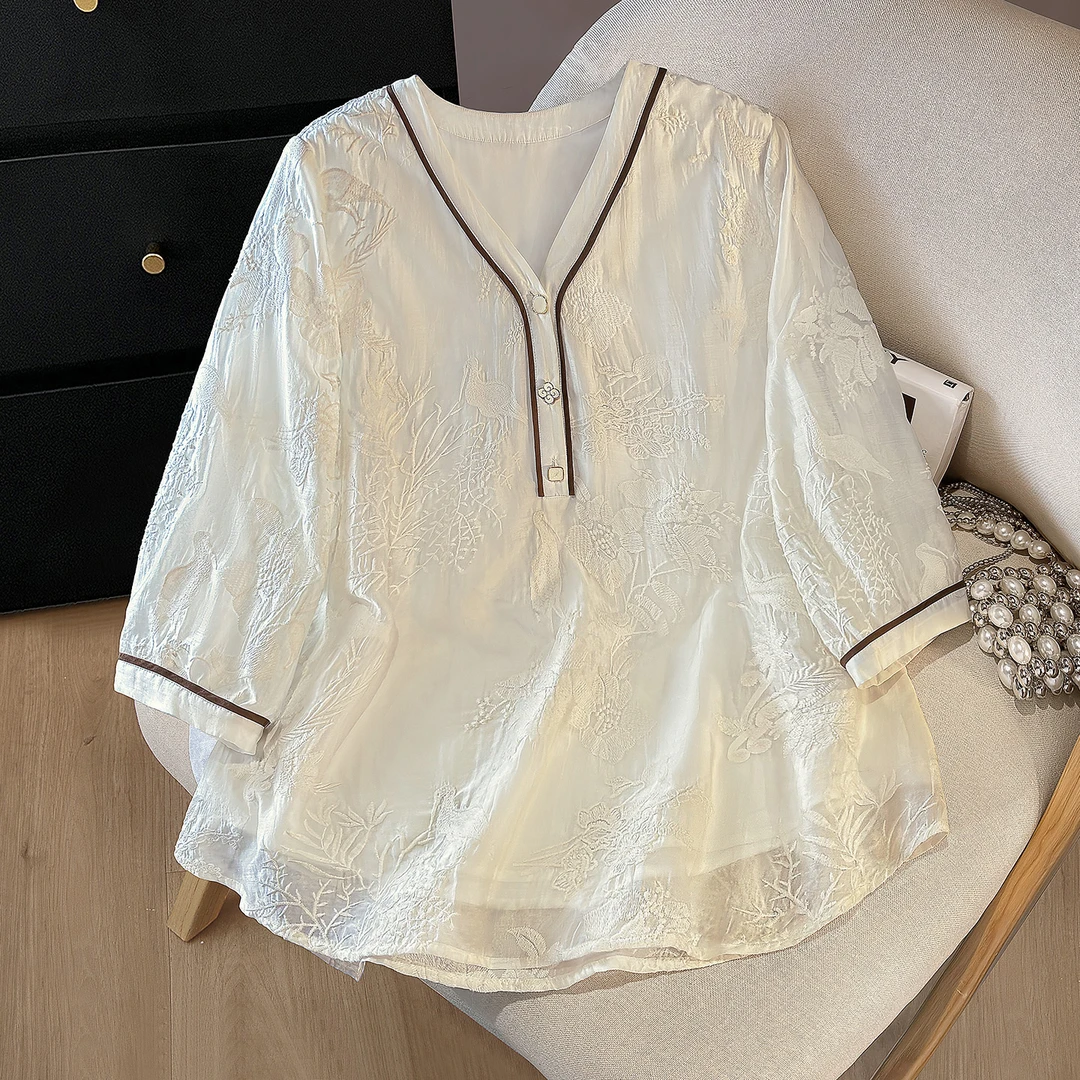 丝柏舍2025莱赛尔女温柔V领通勤七分袖独特漂亮衬衫S51B0517C