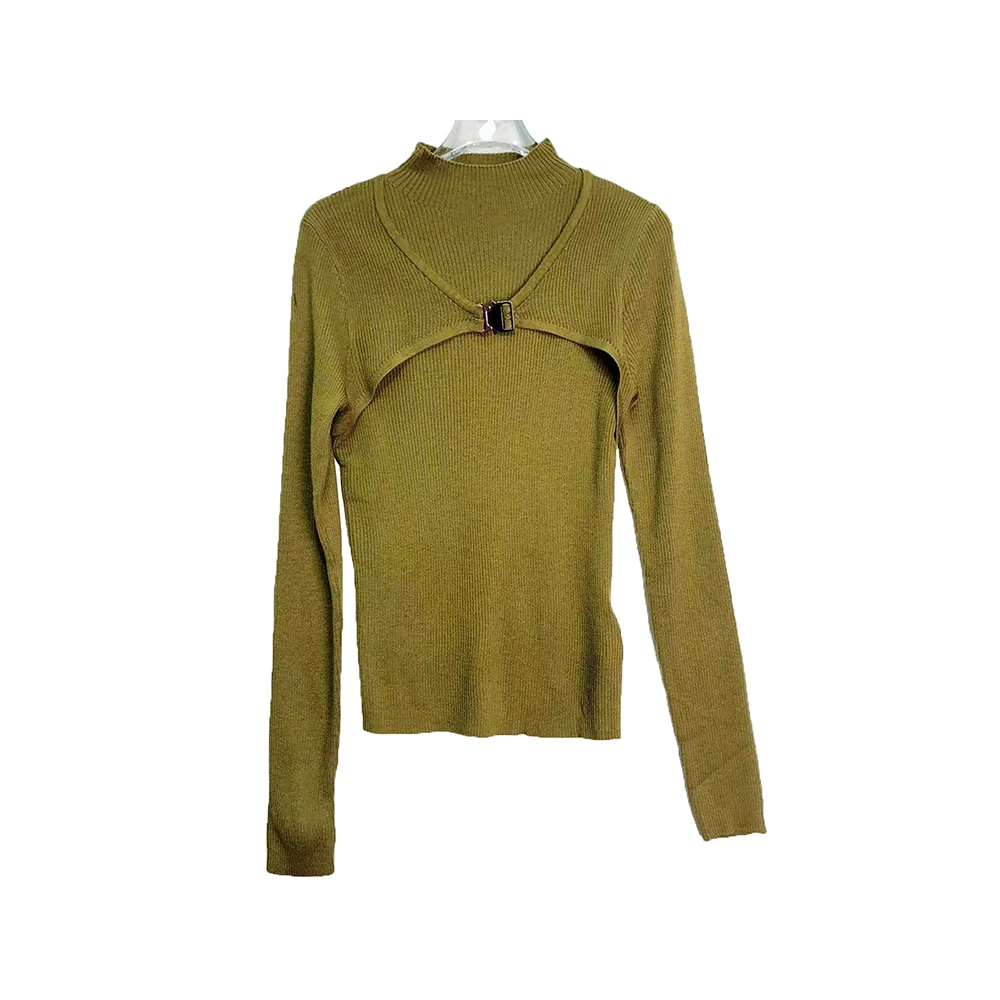 ML2302时尚气质百搭假两件ins夹扣显瘦橄榄绿高级温柔复古上衣