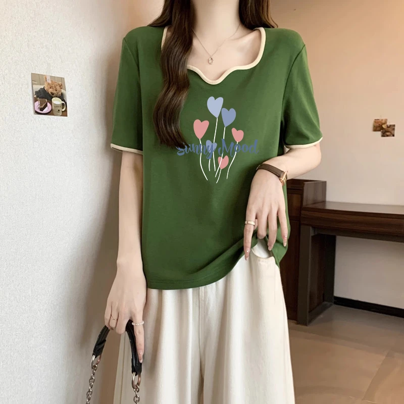 大码胖mm纯欲风撞色方领短袖T恤女士夏季新款设计感修身显瘦上衣