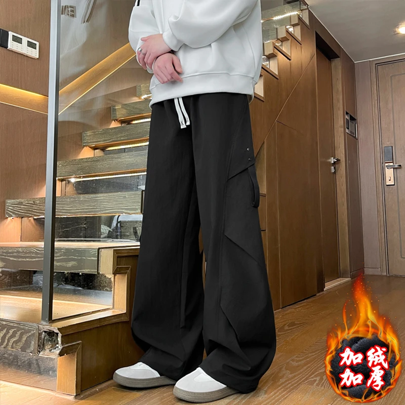加绒工装裤男款秋冬季新款潮流宽松直筒裤男装户外机能休闲长裤子