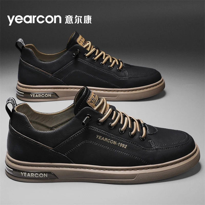 意尔康男鞋2025新款冬季透气潮流百搭男士休闲皮鞋平软底运动板鞋