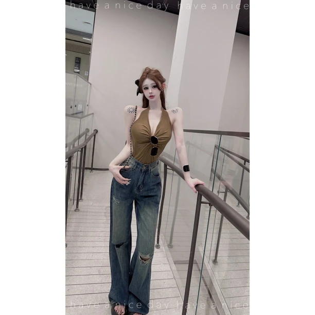 橙路【 夏日牛仔】破洞牛仔直筒裤