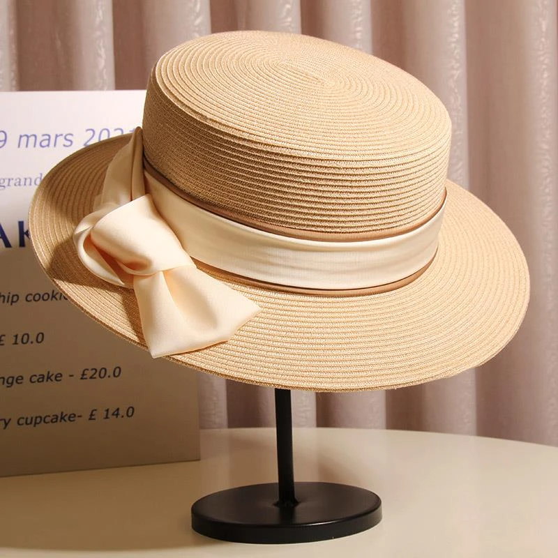 草编平顶礼帽女赫本风蝴蝶结草帽夏季出游网红遮阳防晒休闲沙滩帽
